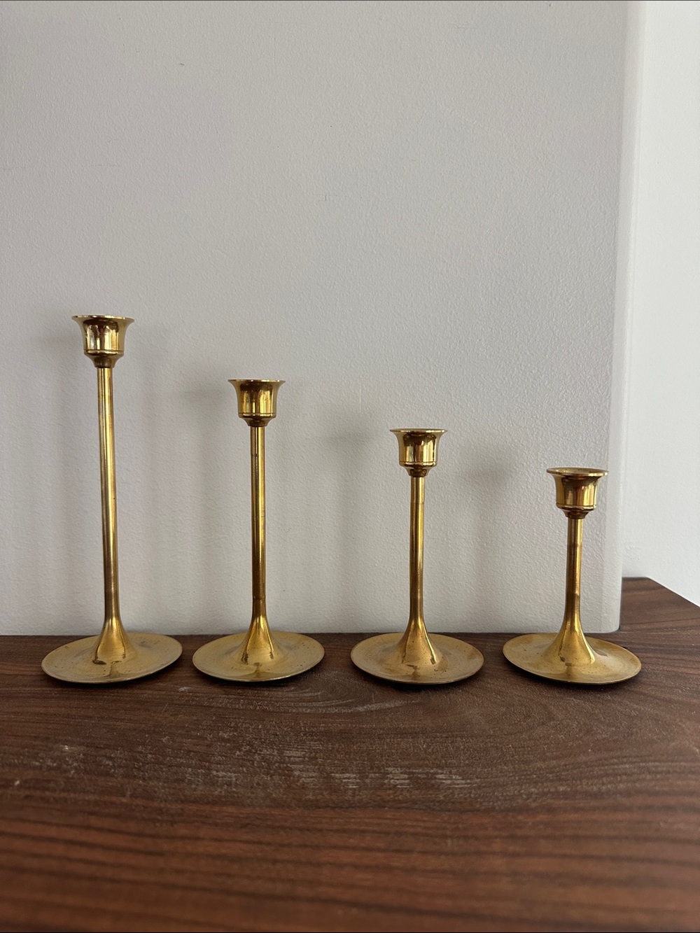 Vintage Solid Brass Graduated MCM Candlestick Holders - Set of 4